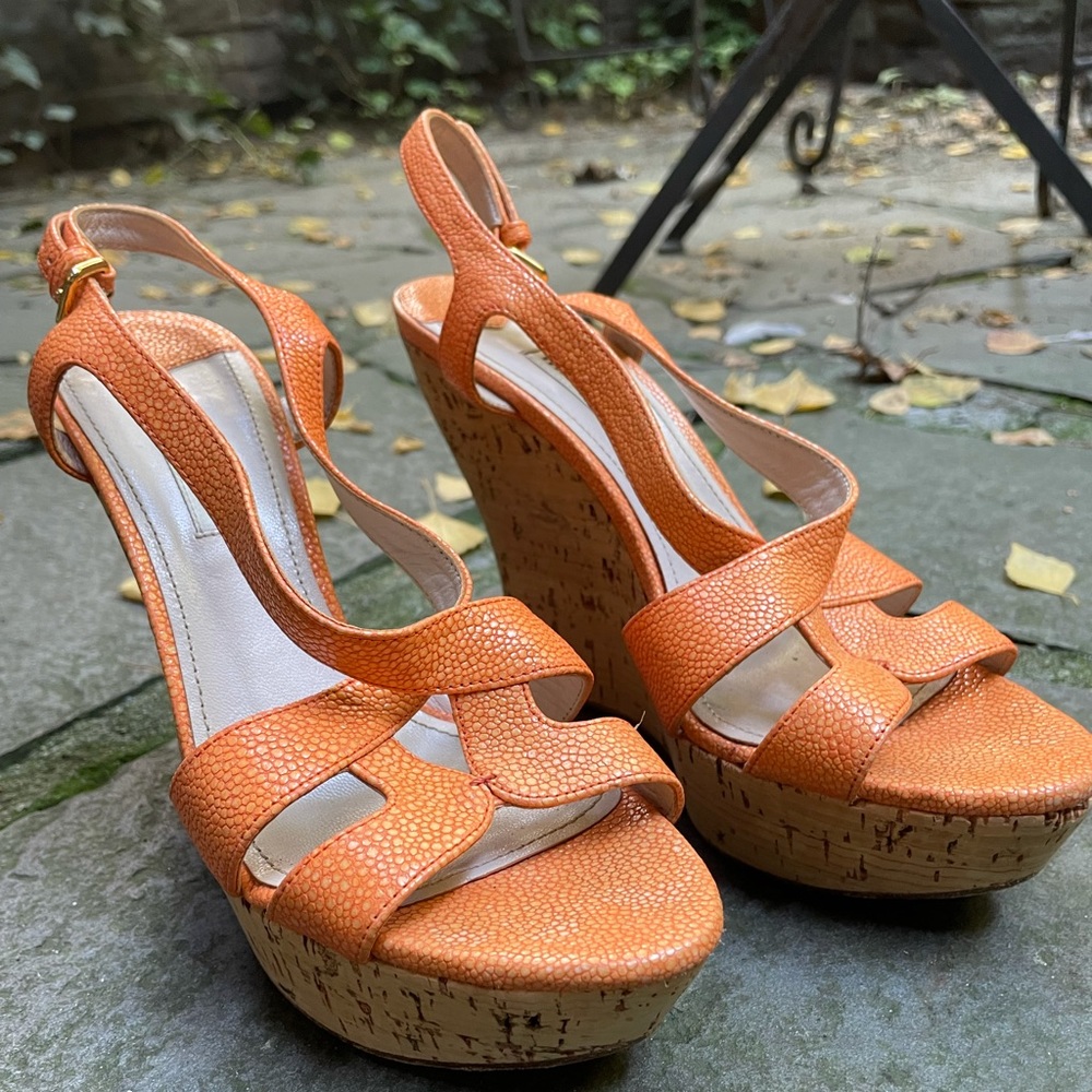 Miu Miu size 38 orange leather sandal wedges
